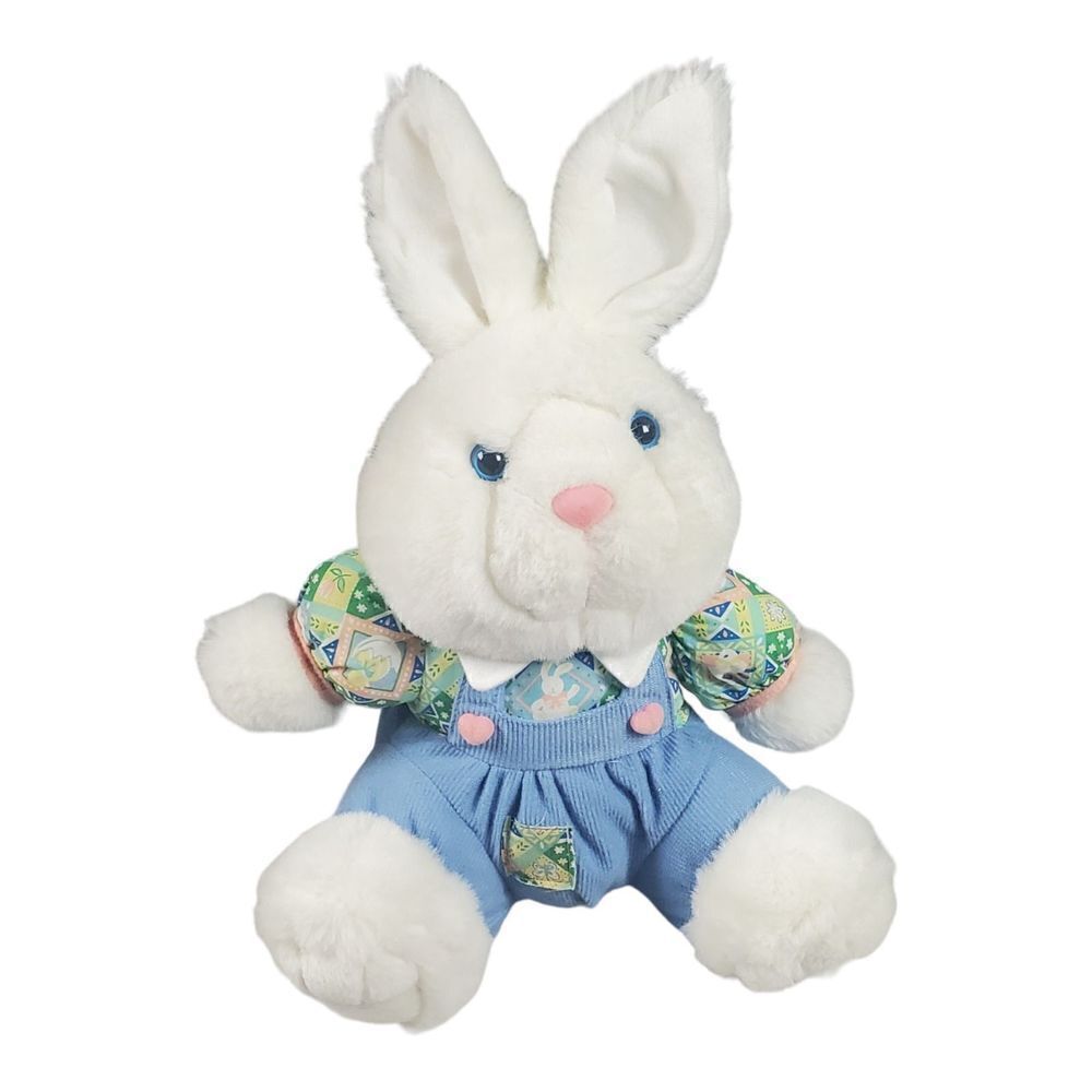 SKM Bunny Rabbit Plush Sitting White Furry Blue Overalls Spring Easter Vintage - Picture 11 of 11